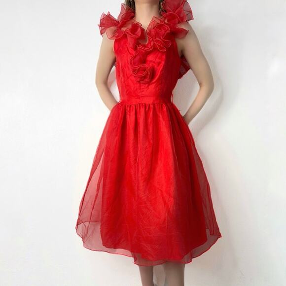Vintage 80s Red Puffy Ruffle Dress Organza USA Union Made Small - Picture 1 of 14